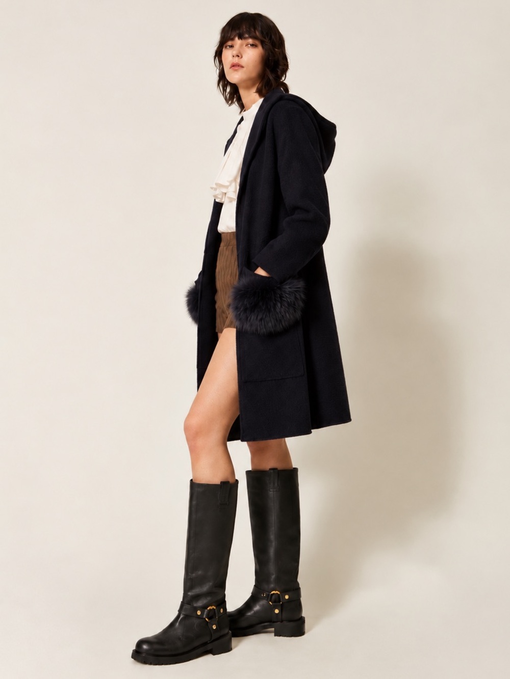 Luxe Knit Wool Blend Open Front Cardi Duster Dyed Fox Pocket Trim